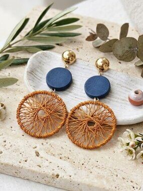 Handwoven Rust Amber Thread Disc Dangle Earrings Navy Wood Boho Chic 2.6"